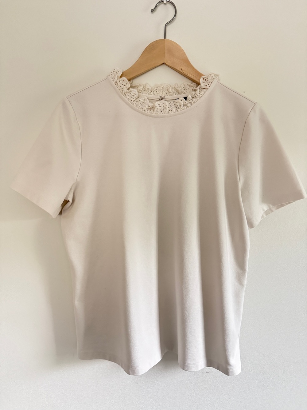 Ann Taylor Cream Lace-Trim Short Sleeve Tee